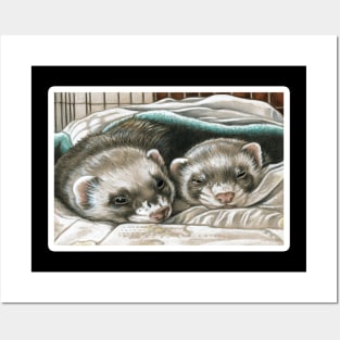 Napping Ferret Buddies - White Outlined Version Posters and Art